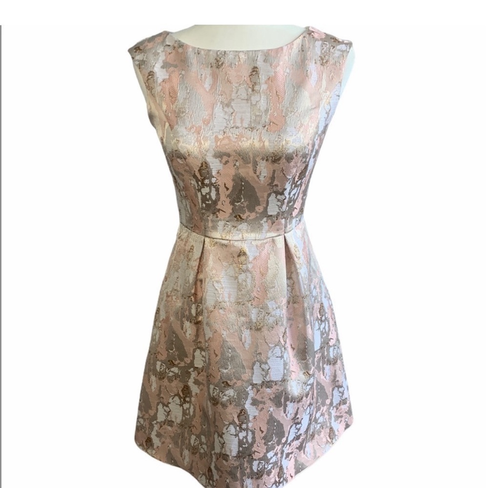 blush pink dress with gold shoes